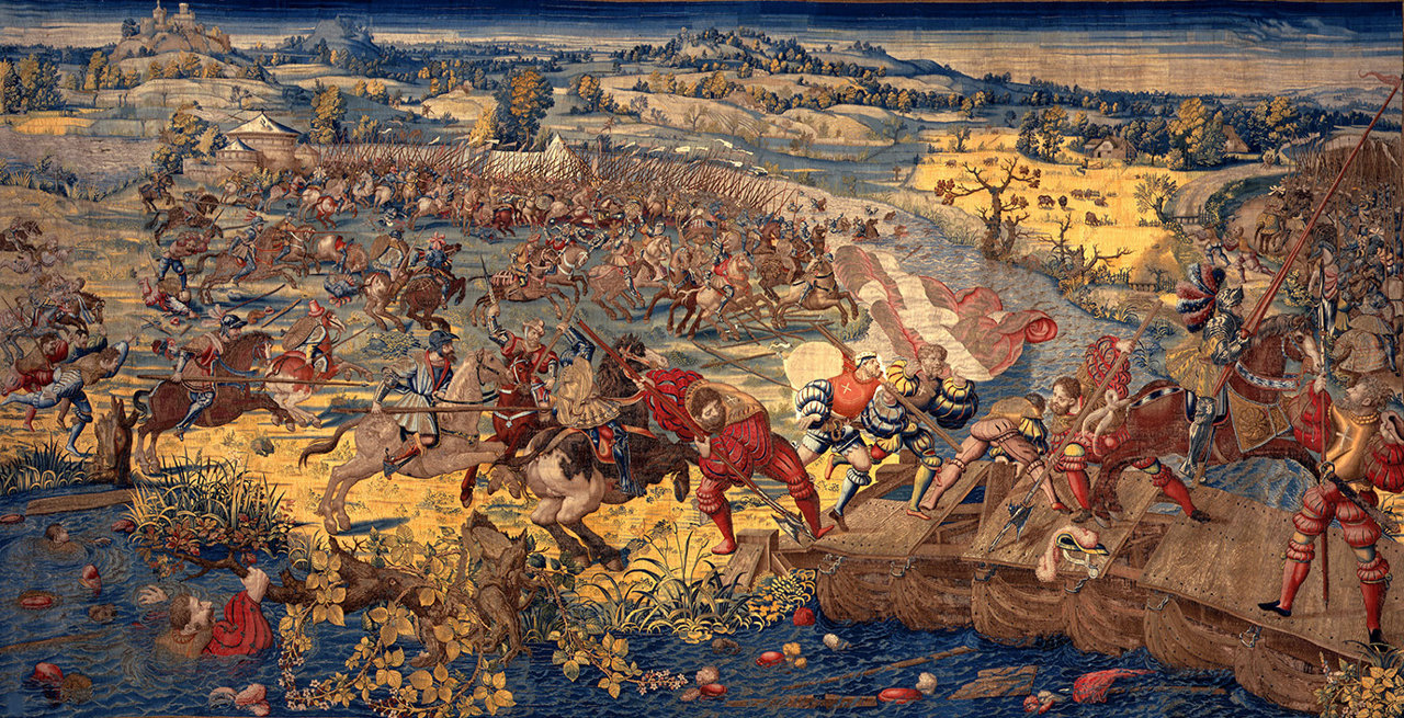 Los franceses son perseguidos por los soldados españoles durante la batalla de Pavía. Tapiz de Bernaert Van Orley. Siglo XVI.